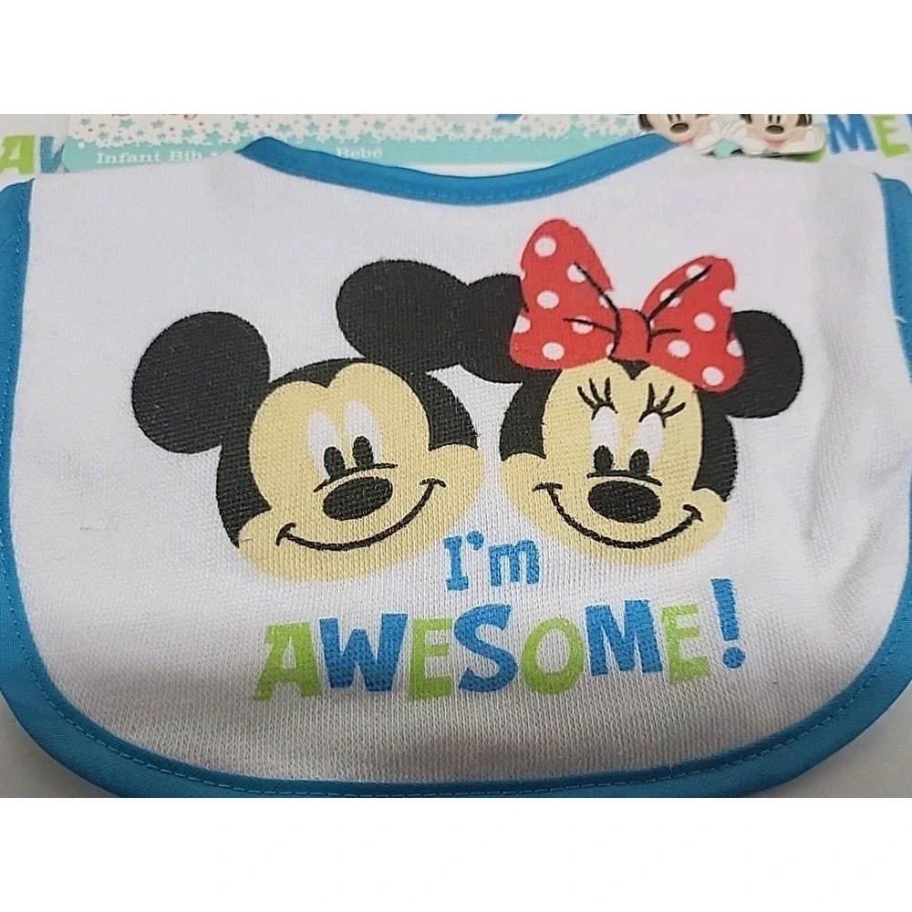 Mickey Minnie Mouse Terry Infant Baby‎ Bibs Blue I'm Awesome Lot of 3  NWT